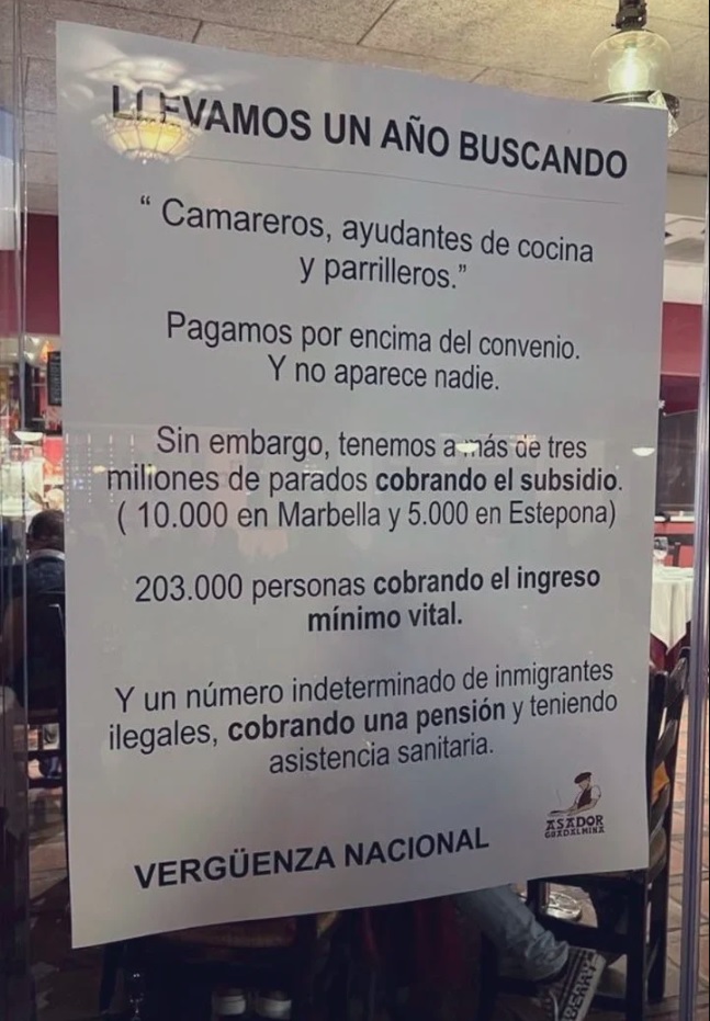 El dueño de un restaurante en Marbella coloca un cartel quejándose de que no consigue empleados y se hizo viral